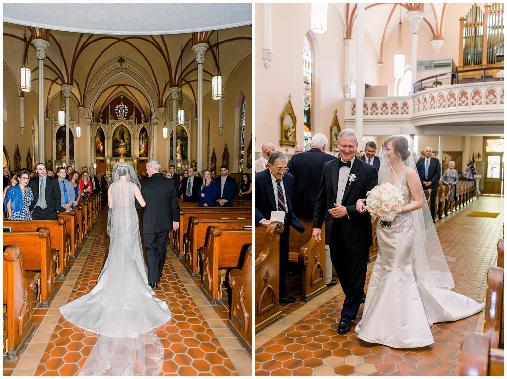Bride walks down the aisle at the Holy Cross Immaculata Church in Cincinnati, Ohio