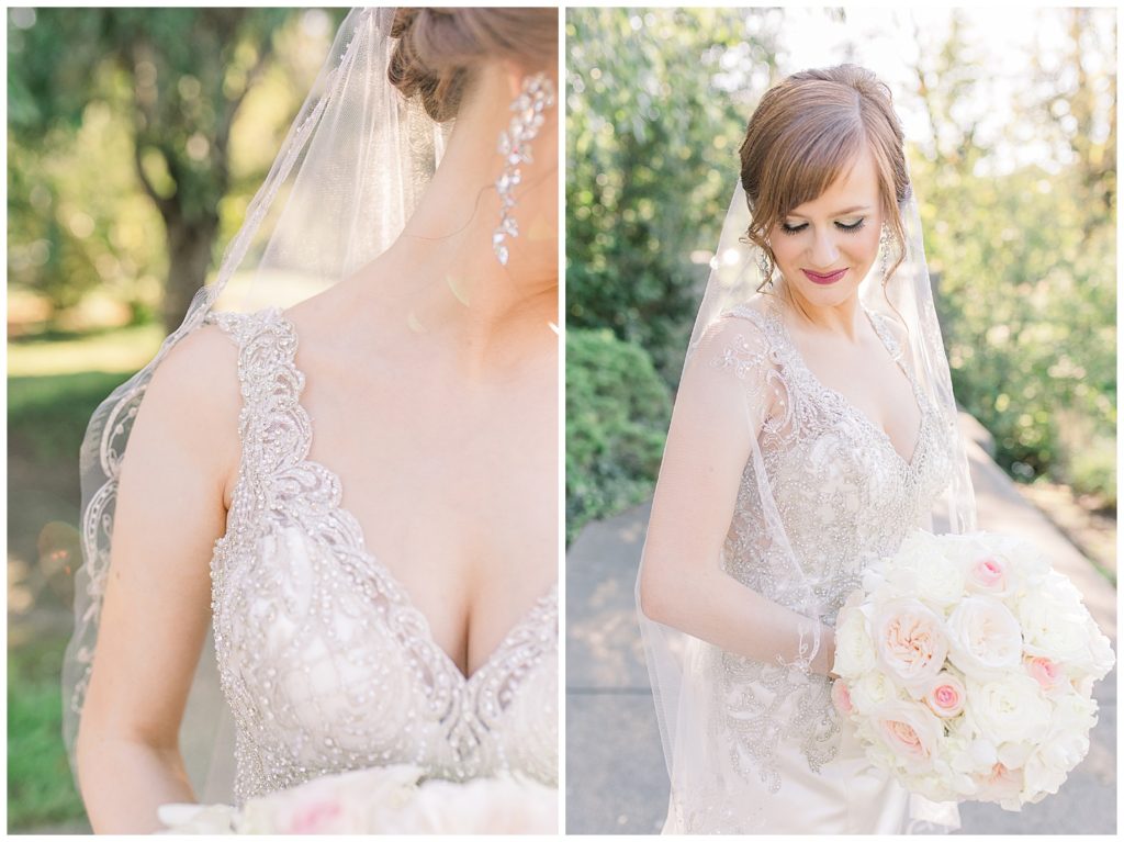 Close up of the bride's beaded dress and veil