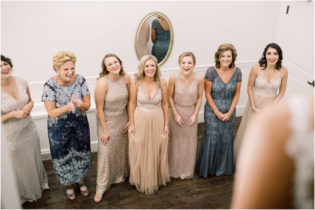 Bridesmaid reactions at the bridal suite inside the transept in Cincinnati, Ohio