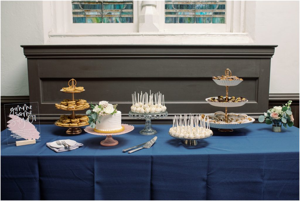 Dessert table at a wedding reception at The Transept in Cincinnati, Ohio