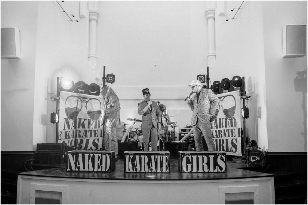 The Naked Karate Girls play at a wedding reception at the Transept in Cincinnati, Ohio