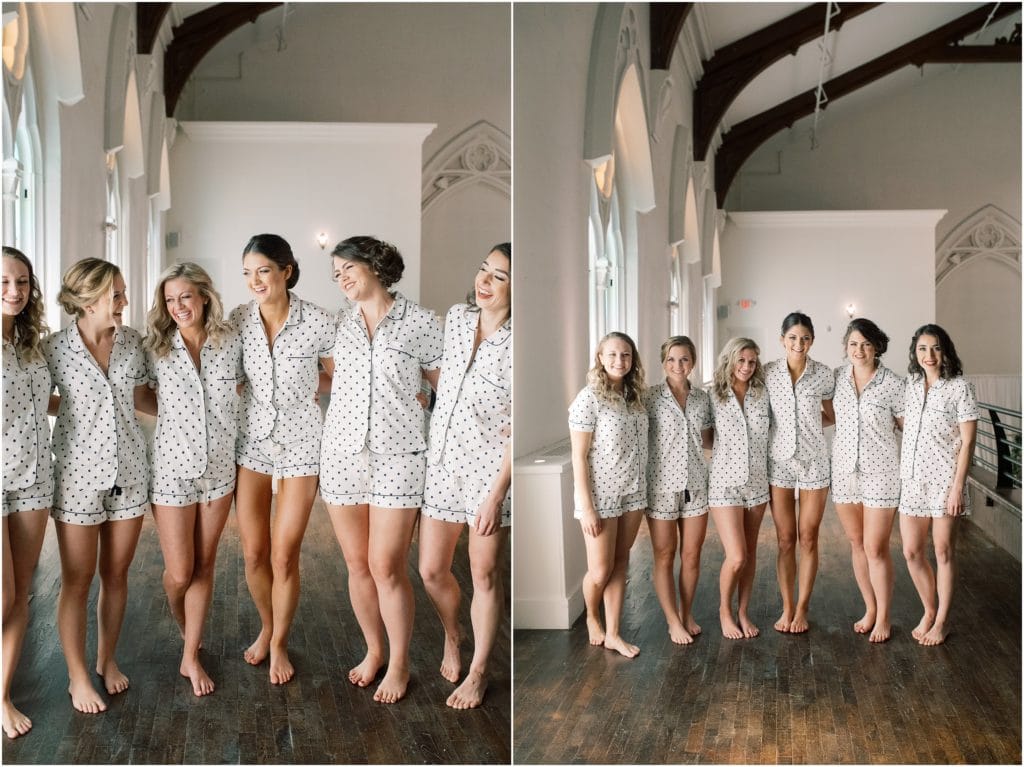 Bridesmaids in matching pajamas on the balcony of the restored historical church, the Transept, in Cincinnati, Ohio