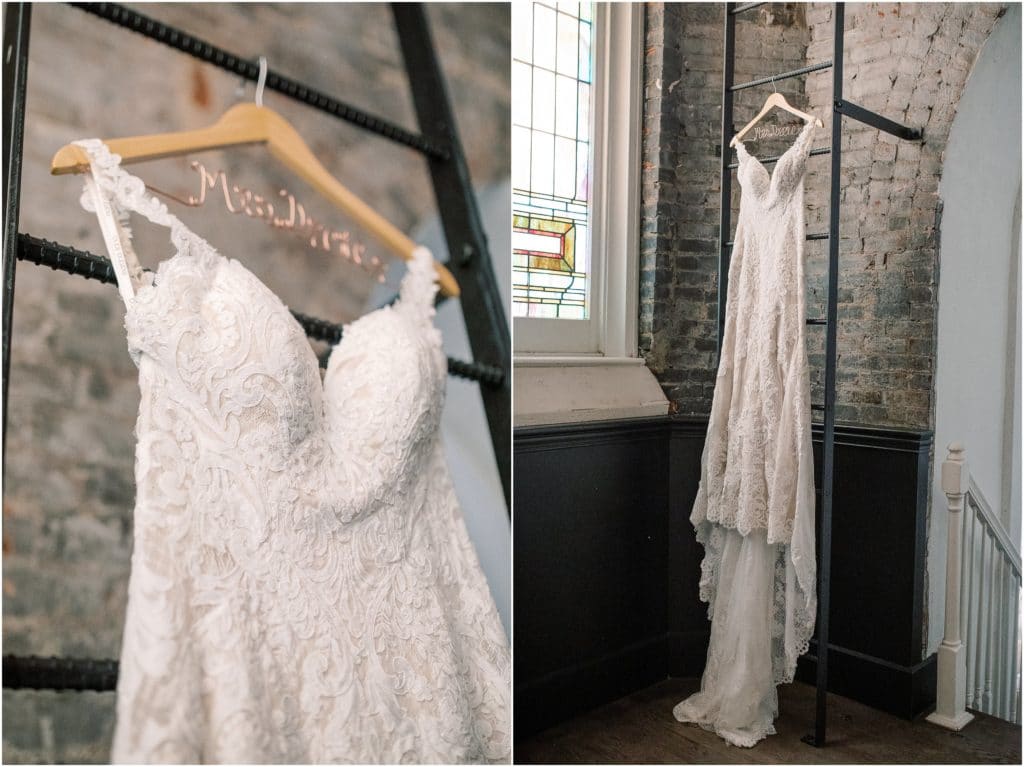 Wedding dress hanging the in bridal suite of The Transept