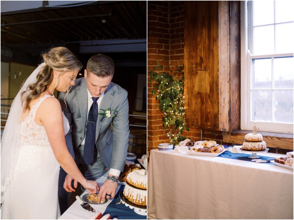 Cake cutting and bundt cakes at a wedding reception